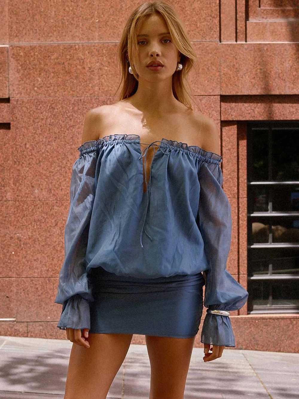 Peppermayo ‘Tedara’ Blue Off-Shoulder drop waist Mini Dress